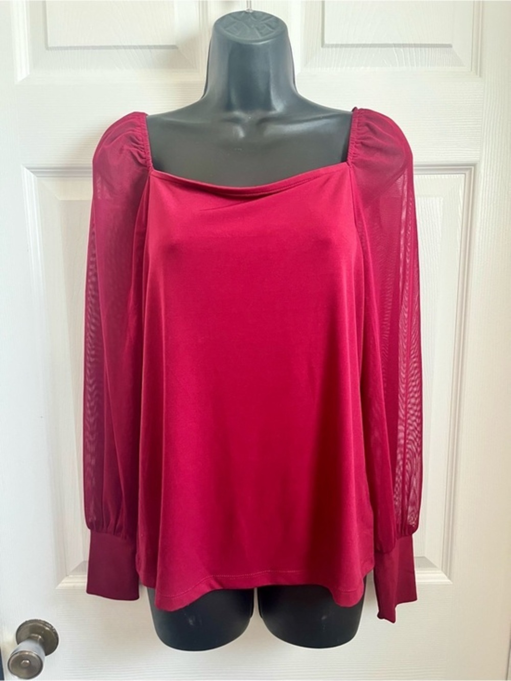 NWOT Tahari Top Sheer Blouse Red Medium Women Long Puff Sleeve Square Neck